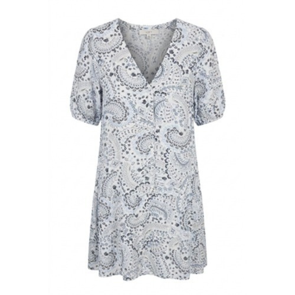 LOFT Dress Women L White Paisley Rayon Puff Sleeve V Neck Shift Mini Boho